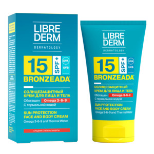 Librederm Bronzeada Солнцезащитный крем SPF 15 с Омега 3-6-9 и термальной водой для лица и тела 150 мл